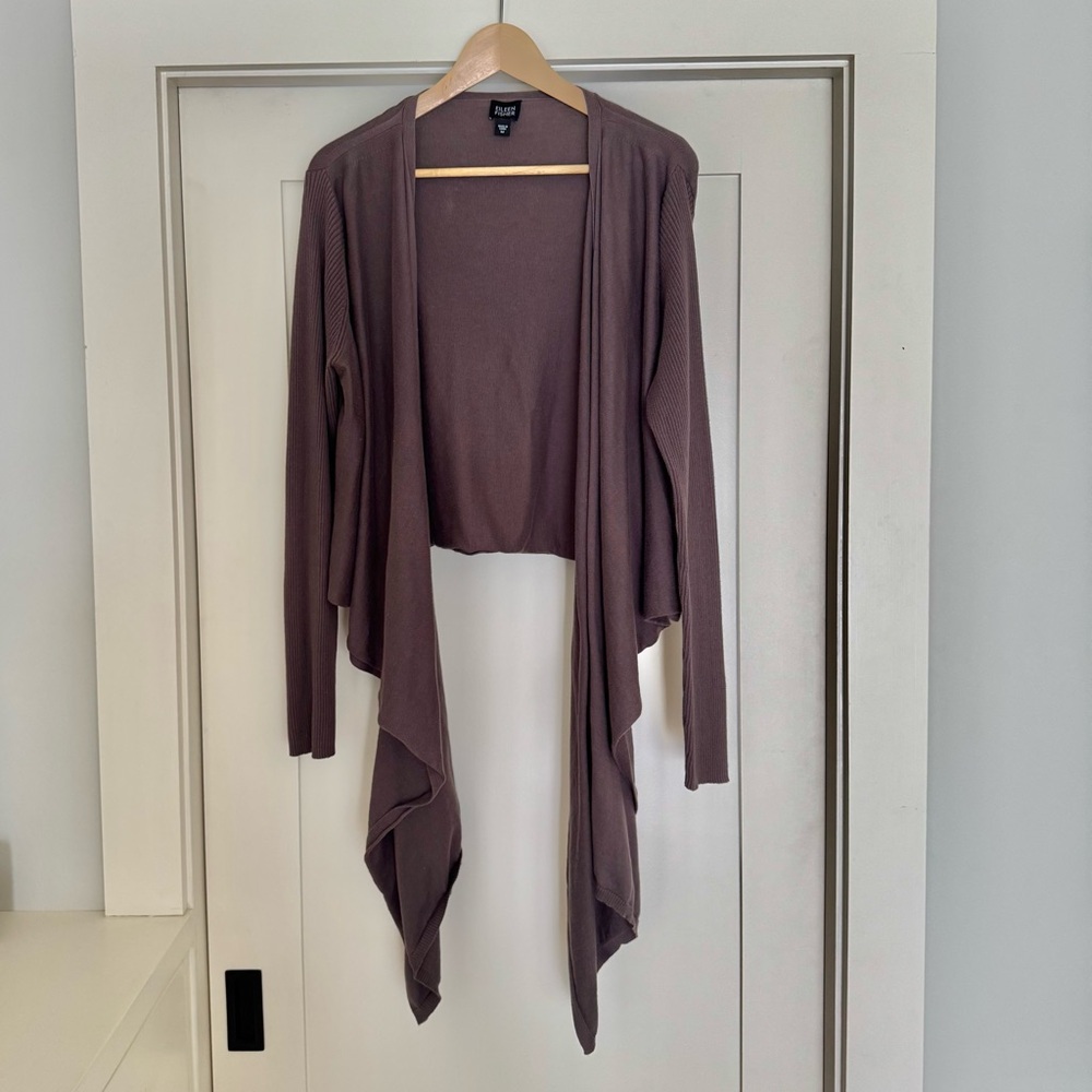 Classic Eileen Fisher 100% Cotton Taupe Women's Waterfall Cardigan medium